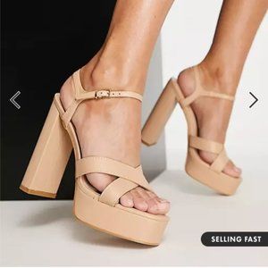 Simmi London platform heeled sandals in camel; size 8